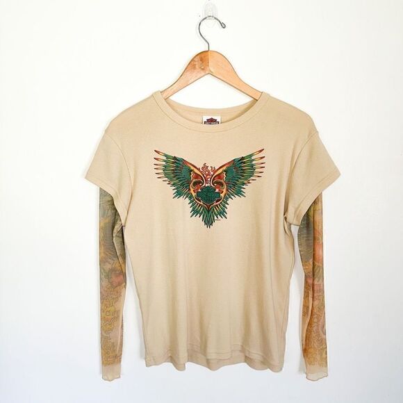 Harley Davidson women’s 2005 Chicago sheer tattoo sleeve top - Picture 1 of 7